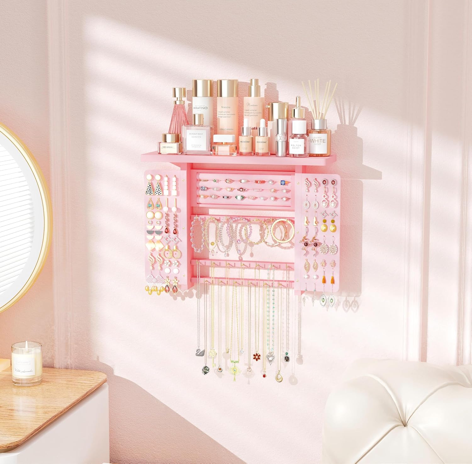 5-in-1 Pink Hanging Jewelry Organizer, Wall Necklace Holder - Image 2
