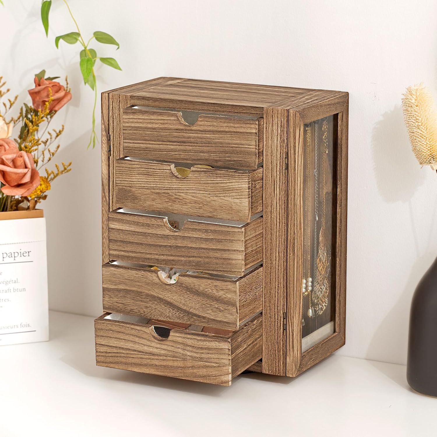 360° Rotating Wooden Jewelry Box with 5 Drawers & Glass Doors - Image 7