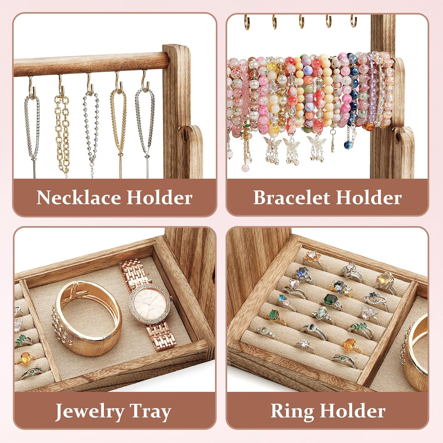 4-Tier Wood Bracelet Stand with Necklace Holder, Rustic Jewelry Tower - Image 3