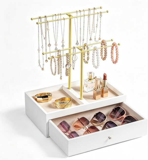 2-Tier White Jewelry Organizer Stand with Tray & Drawer