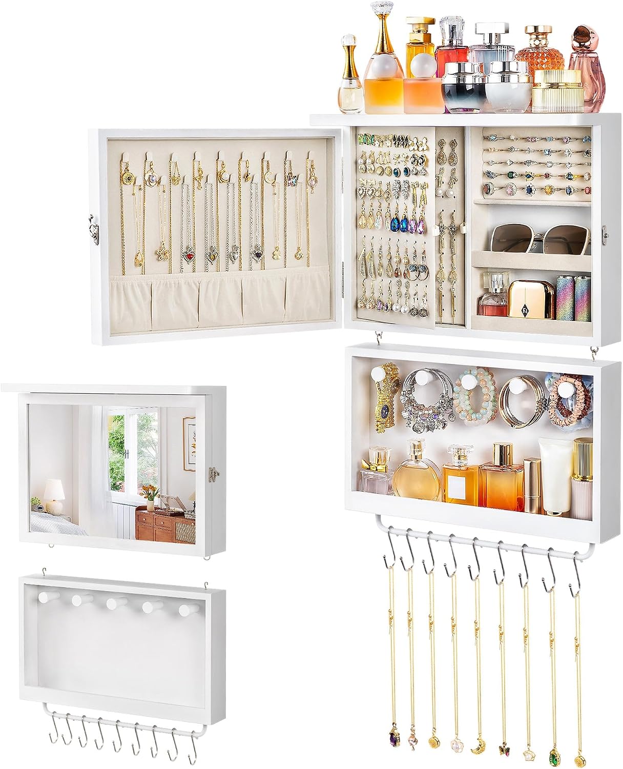 2-in-1 Wall-Mounted Jewelry Cabinet with Mirror, Velvet-Lined Organizer
