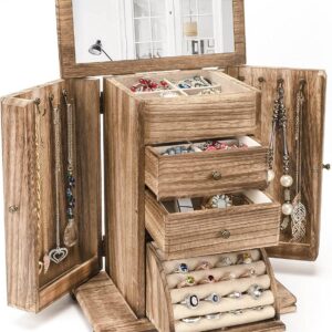 Rustic Wooden Jewelry Box with Mirror, 4-Layer Organizer for Women