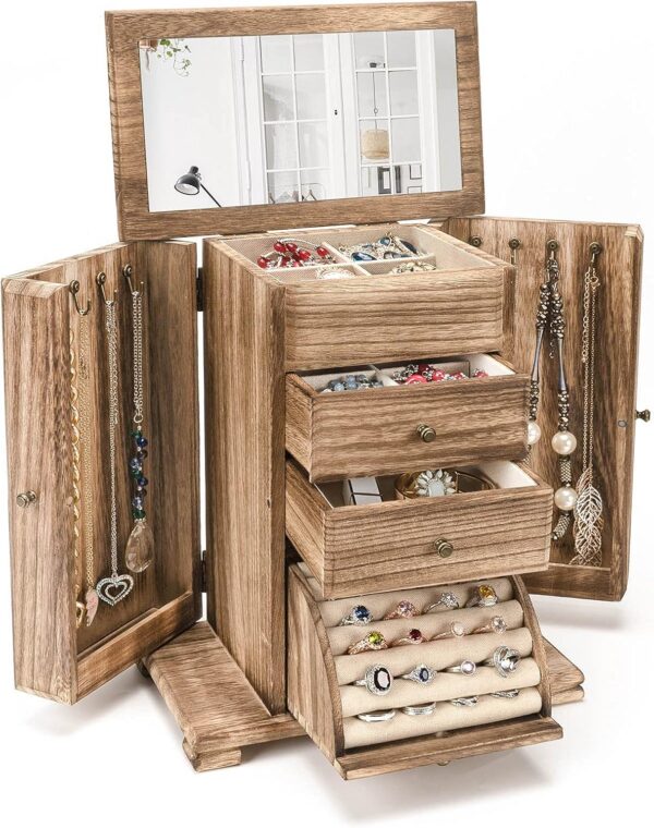 Rustic Wooden Jewelry Box with Mirror, 4-Layer Organizer for Women