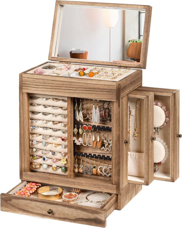 5-Layer Rustic Jewelry Box with Glass Window, Mirror & 4 Drawers
