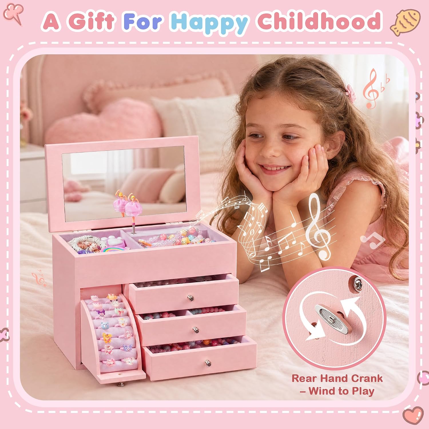 4-Layer Pink Ballerina Music Box, Solid Wood Girls Jewelry Organizer - Image 4