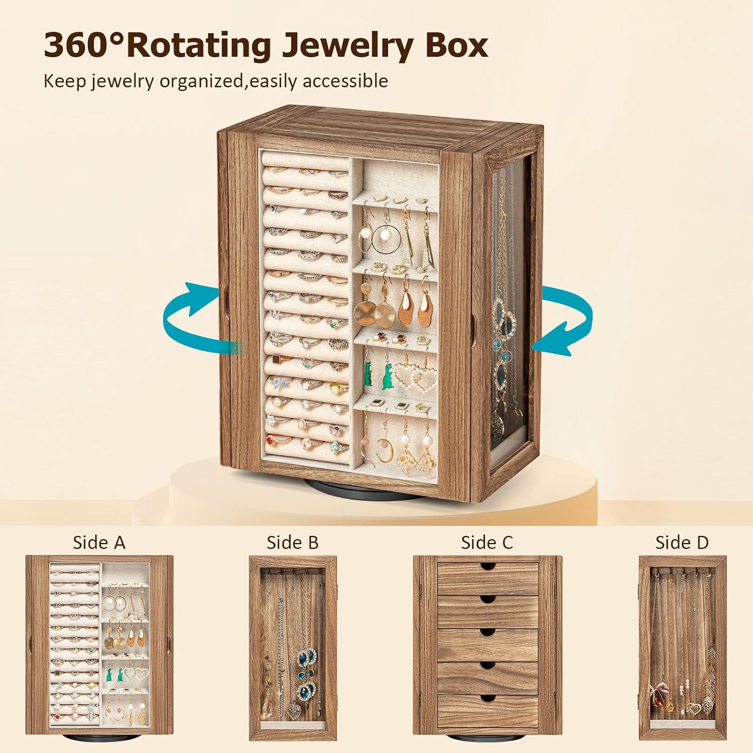360° Rotating Wooden Jewelry Box with 5 Drawers & Glass Doors - Image 2
