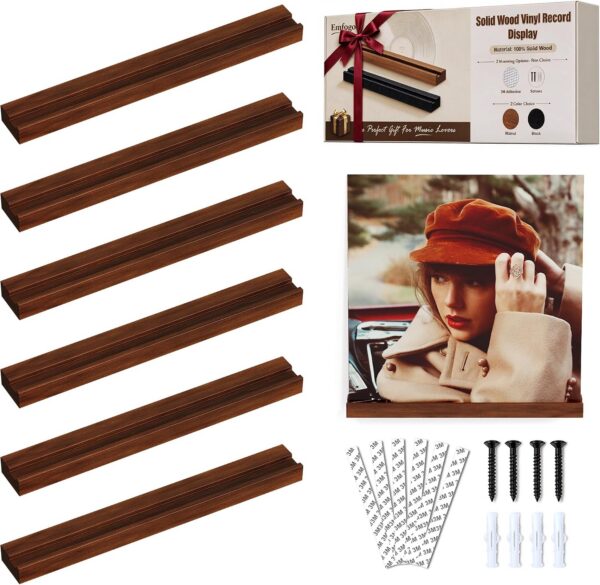 6-Pack Walnut Vinyl Wall Mount, No-Drill LP & CD Holder
