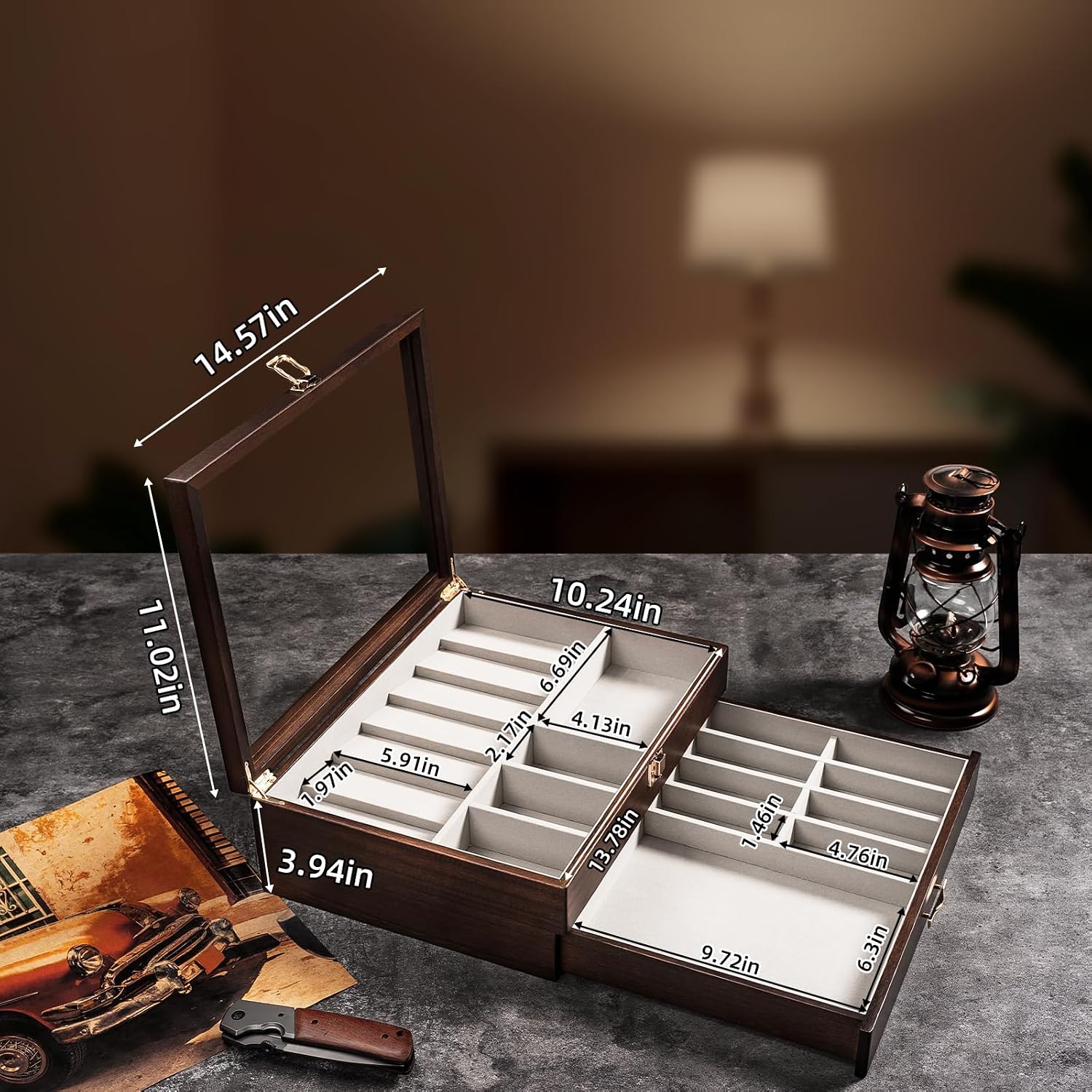 Glass-Top Pocket Knife Display Case, Wooden Collector Box for 24 Folders - Image 3