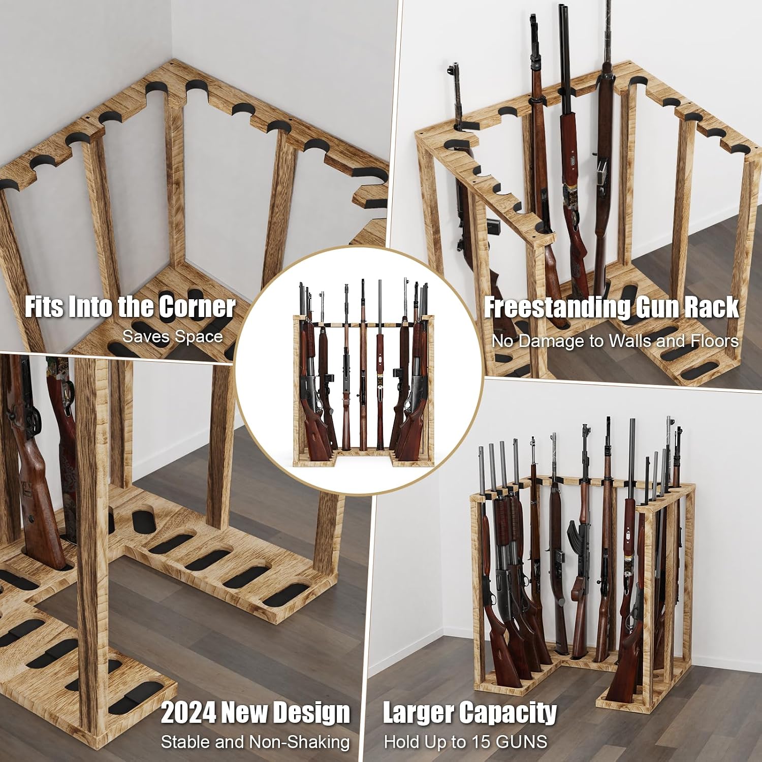 Corner Gun Rack for 15 Rifles, Heavy Wood Shotgun Stand, Carbonized Black - Image 3