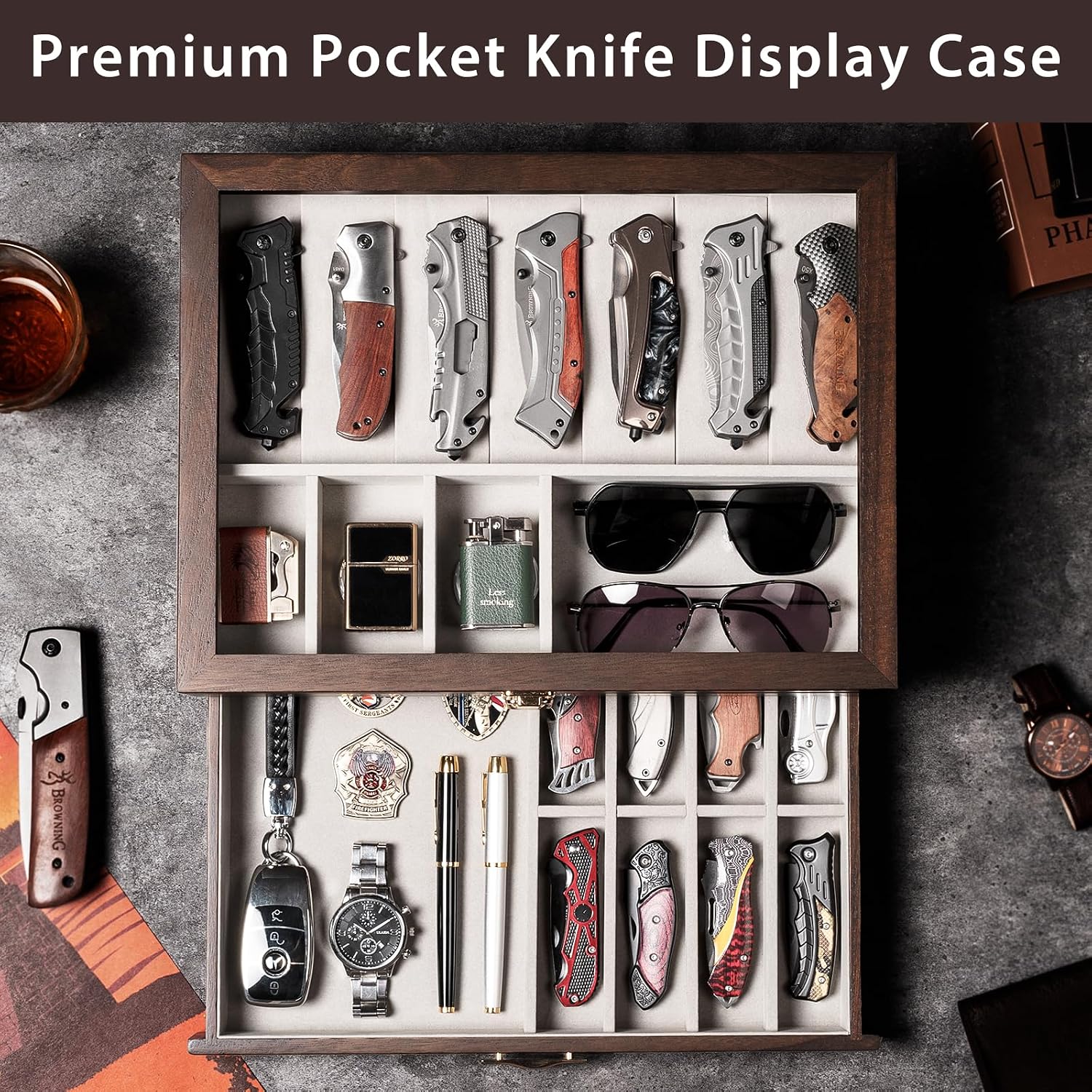 Glass-Top Pocket Knife Display Case, Wooden Collector Box for 24 Folders - Image 2