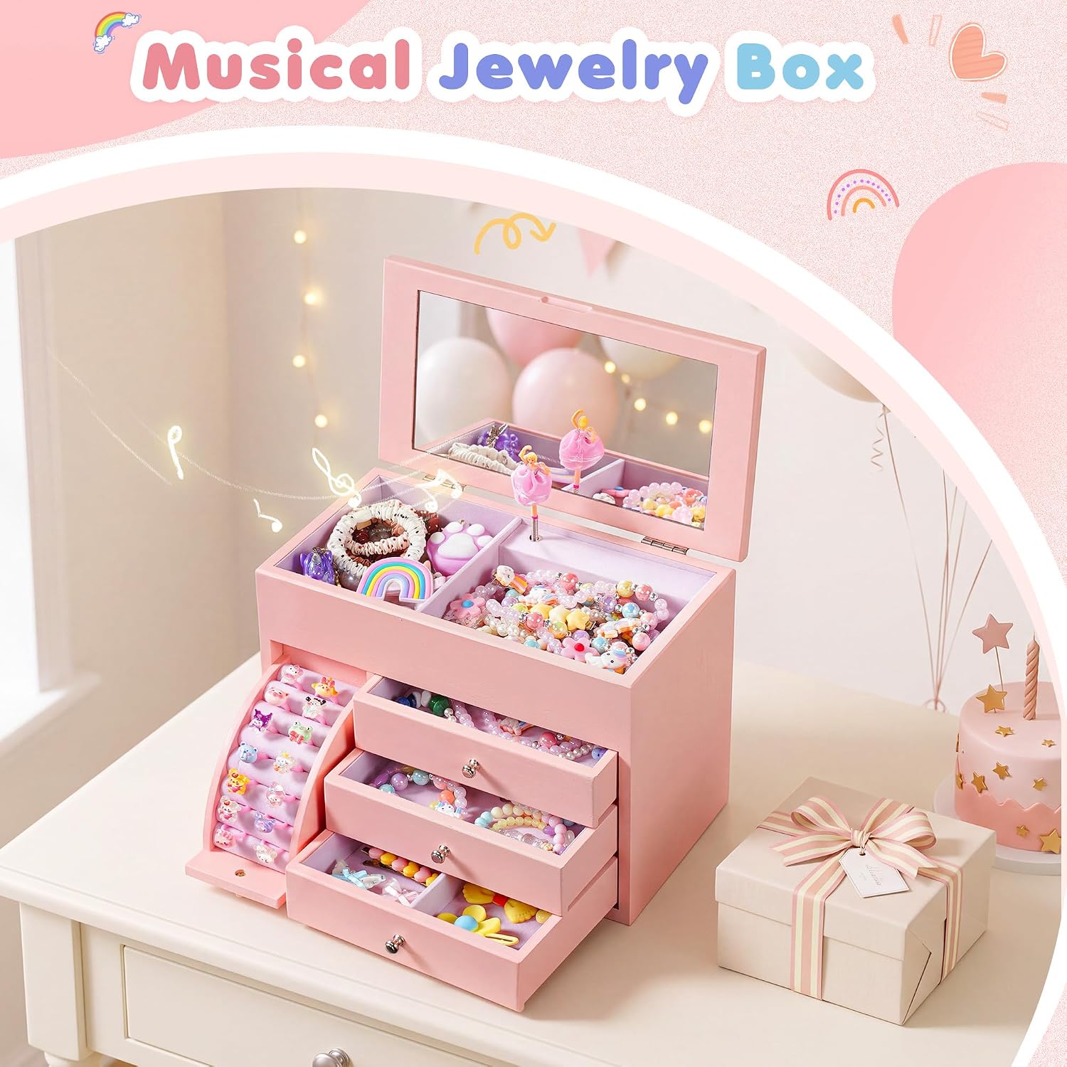 4-Layer Pink Ballerina Music Box, Solid Wood Girls Jewelry Organizer - Image 5