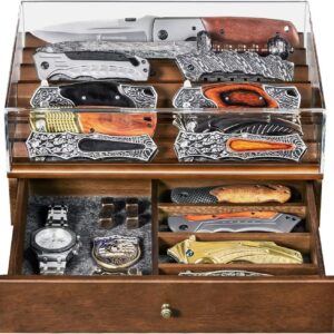 2-Tier Wooden Knife Display Case with Clear Lid, EDC Organizer