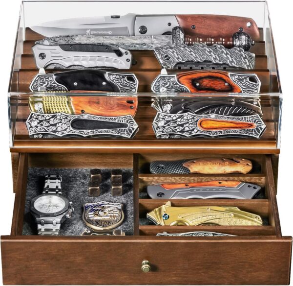 2-Tier Wooden Knife Display Case with Clear Lid, EDC Organizer