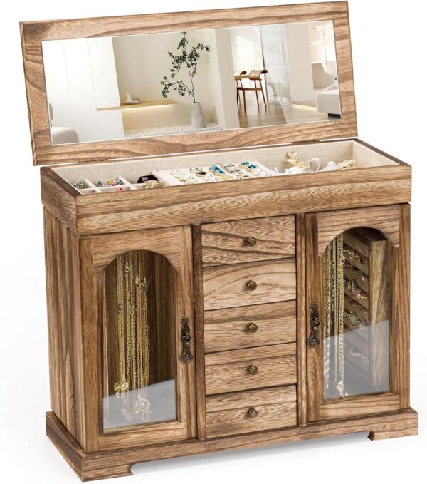 Elegant 5-Layer Wooden Jewelry Box with Mirror, Necklace & Ring Storage