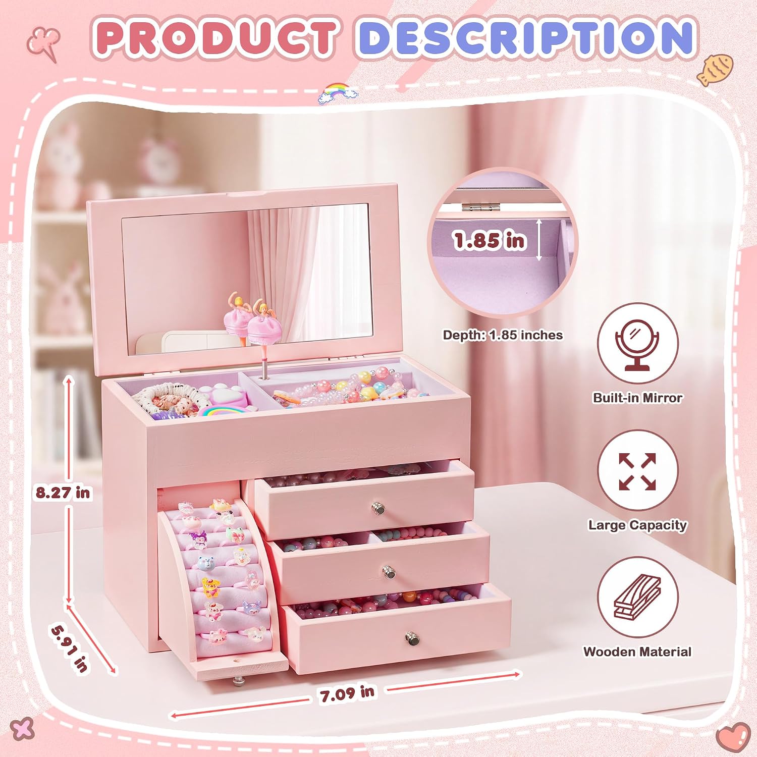 4-Layer Pink Ballerina Music Box, Solid Wood Girls Jewelry Organizer - Image 3