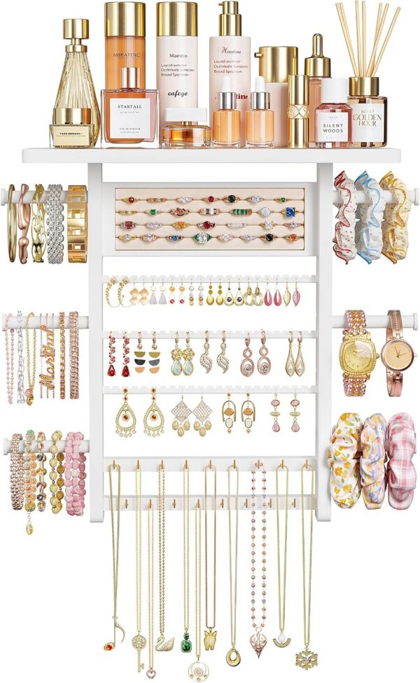 6-in-1 Wall-Mounted Jewelry Organizer with Wooden Top Shelf