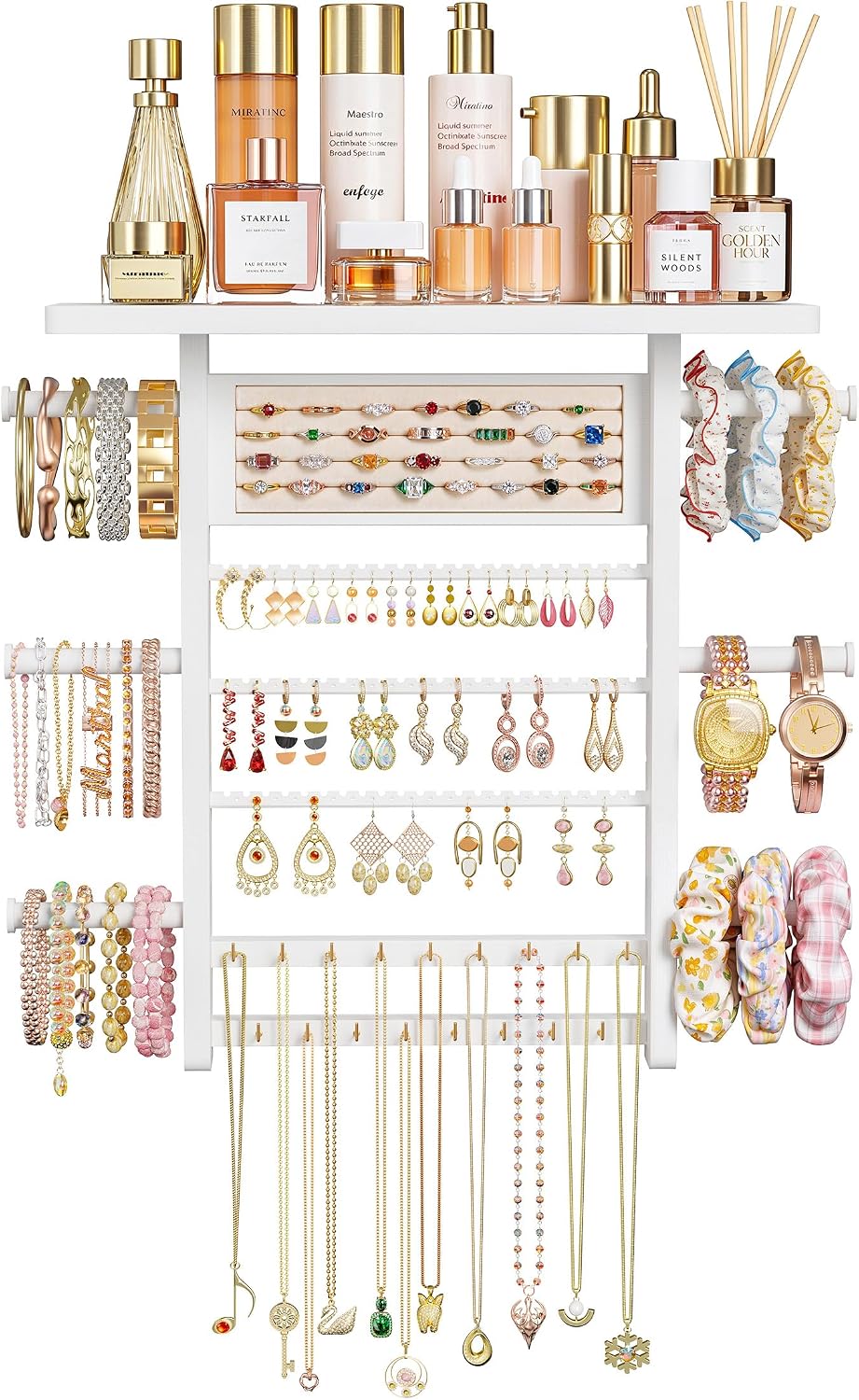6-in-1 Wall-Mounted Jewelry Organizer with Wooden Top Shelf