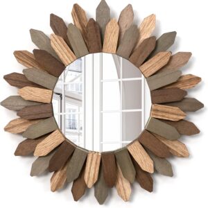 Boho Sunburst Wall Mirror, Round Rustic Wood Frame, 12 or 21 Inch