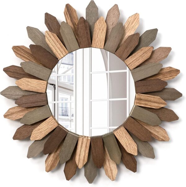Boho Sunburst Wall Mirror, Round Rustic Wood Frame, 12 or 21 Inch