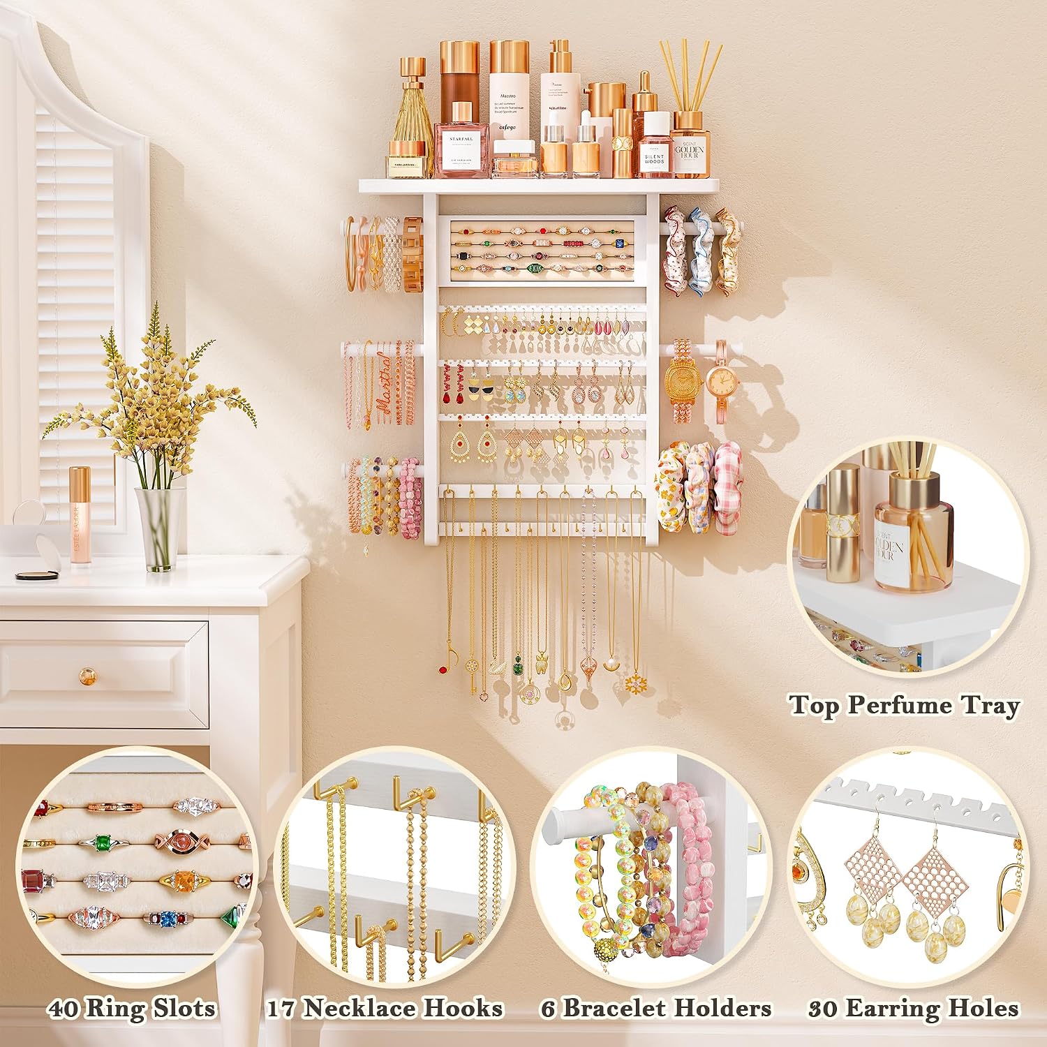 6-in-1 Wall-Mounted Jewelry Organizer with Wooden Top Shelf - Image 4