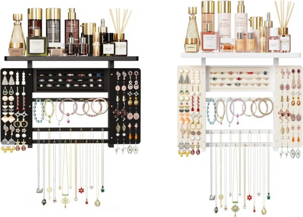 Black Wall-Mounted Jewelry Organizer with Top Tray & Necklace Hooks