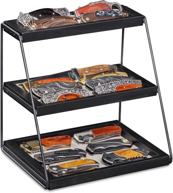3-Tier Pocket Knife Display Stand, Velvet-Padded Wood Holder