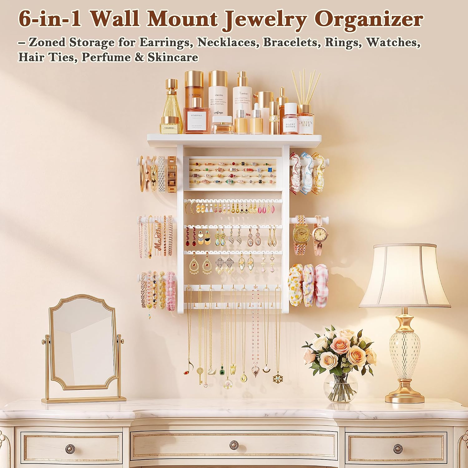 6-in-1 Wall-Mounted Jewelry Organizer with Wooden Top Shelf - Image 5