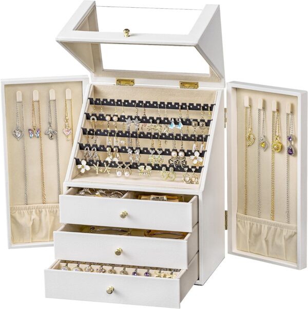 Faux Leather Jewelry Organizer Box with Earring & Necklace Storage