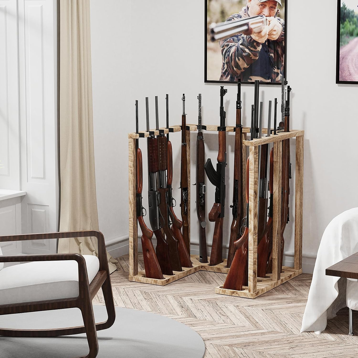 Corner Gun Rack for 15 Rifles, Heavy Wood Shotgun Stand, Carbonized Black - Image 8