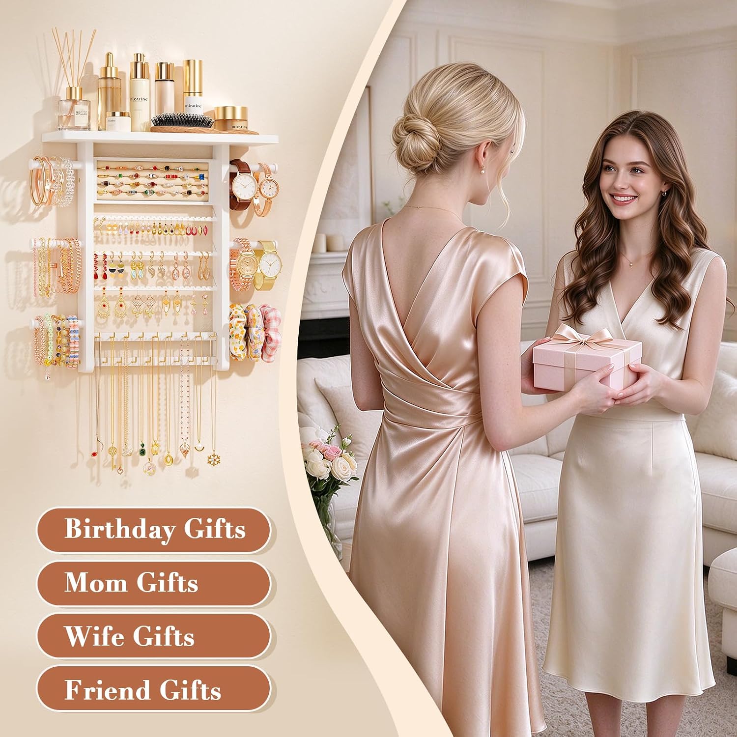6-in-1 Wall-Mounted Jewelry Organizer with Wooden Top Shelf - Image 7