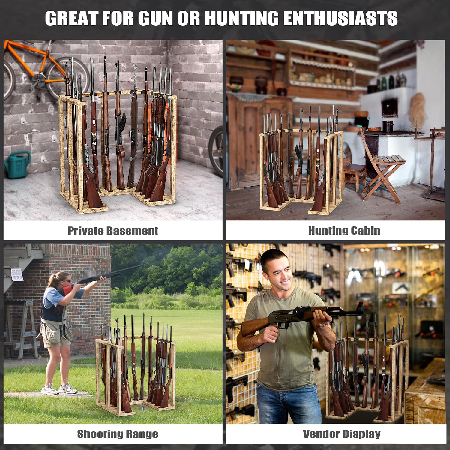 Corner Gun Rack for 15 Rifles, Heavy Wood Shotgun Stand, Carbonized Black - Image 6