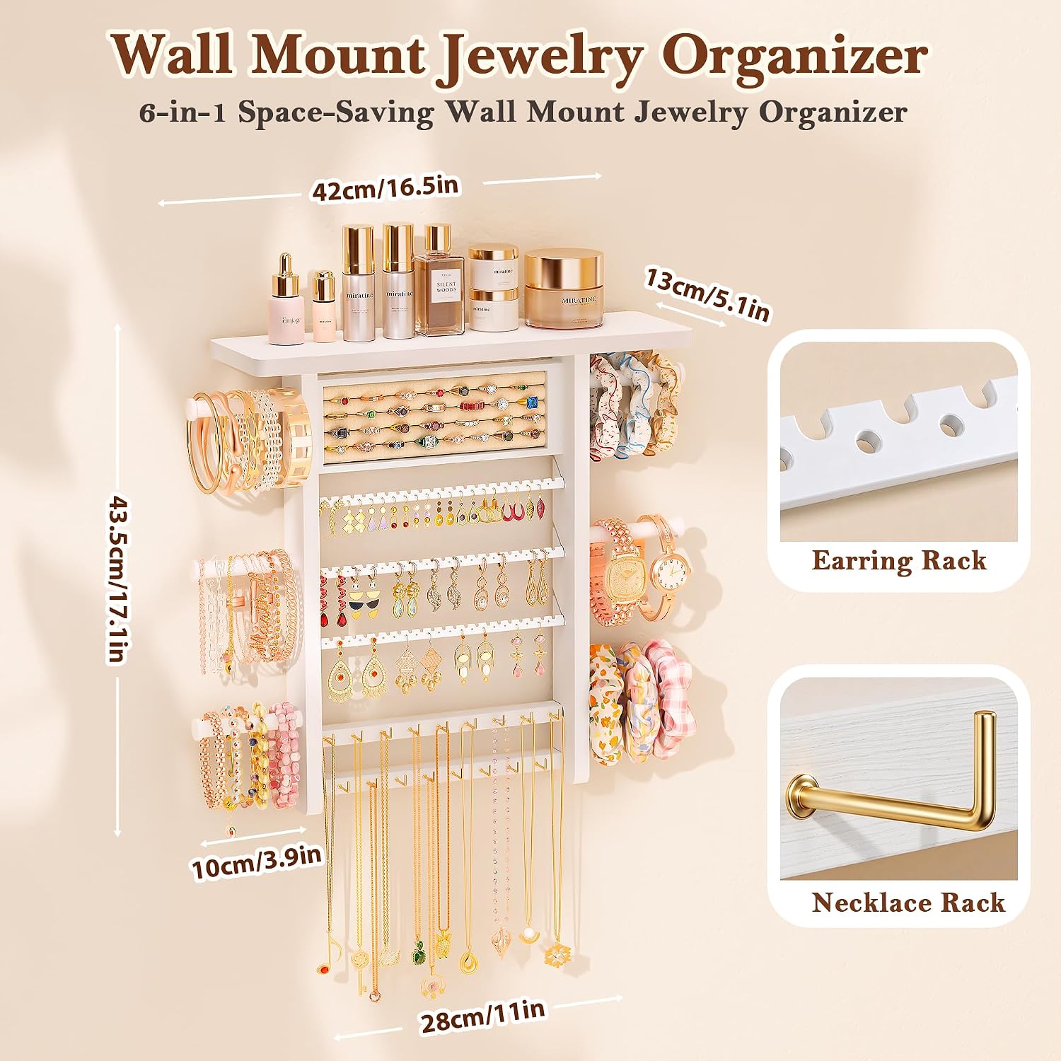 6-in-1 Wall-Mounted Jewelry Organizer with Wooden Top Shelf - Image 2