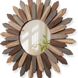 18 or 24 Inch Round Boho Sunburst Wall Mirror, Vintage Rustic Farmhouse Decor