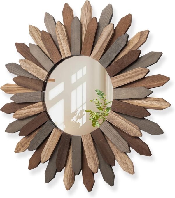 18 or 24 Inch Round Boho Sunburst Wall Mirror, Vintage Rustic Farmhouse Decor