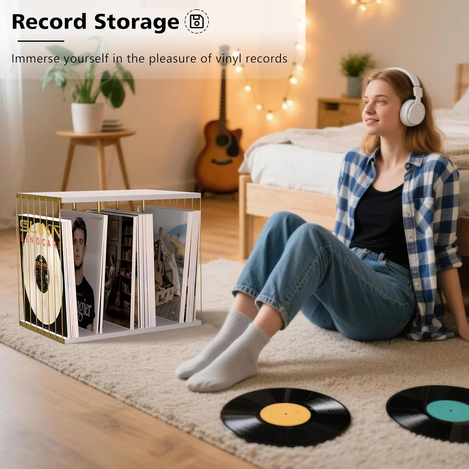 Metal & Wood Vinyl Record Holder for 80 Albums, 3-Compartment Stand - Image 6