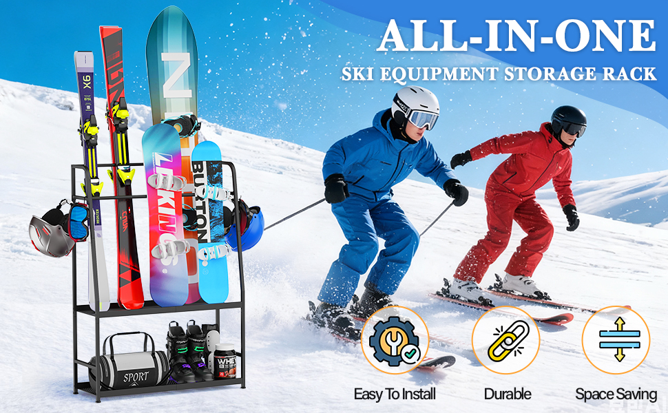 Heavy-Duty Steel Ski Rack, Freestanding Snowboard & Boot Organizer