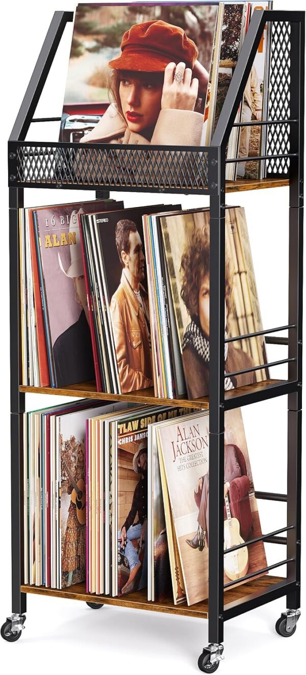 Rolling Vinyl Record Storage Cart, 3-Tier Holds 300 LP Albums