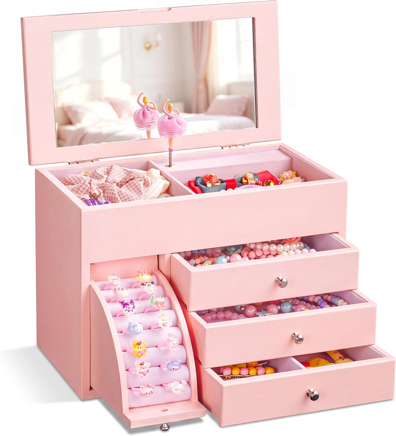 4-Layer Pink Ballerina Music Box, Solid Wood Girls Jewelry Organizer