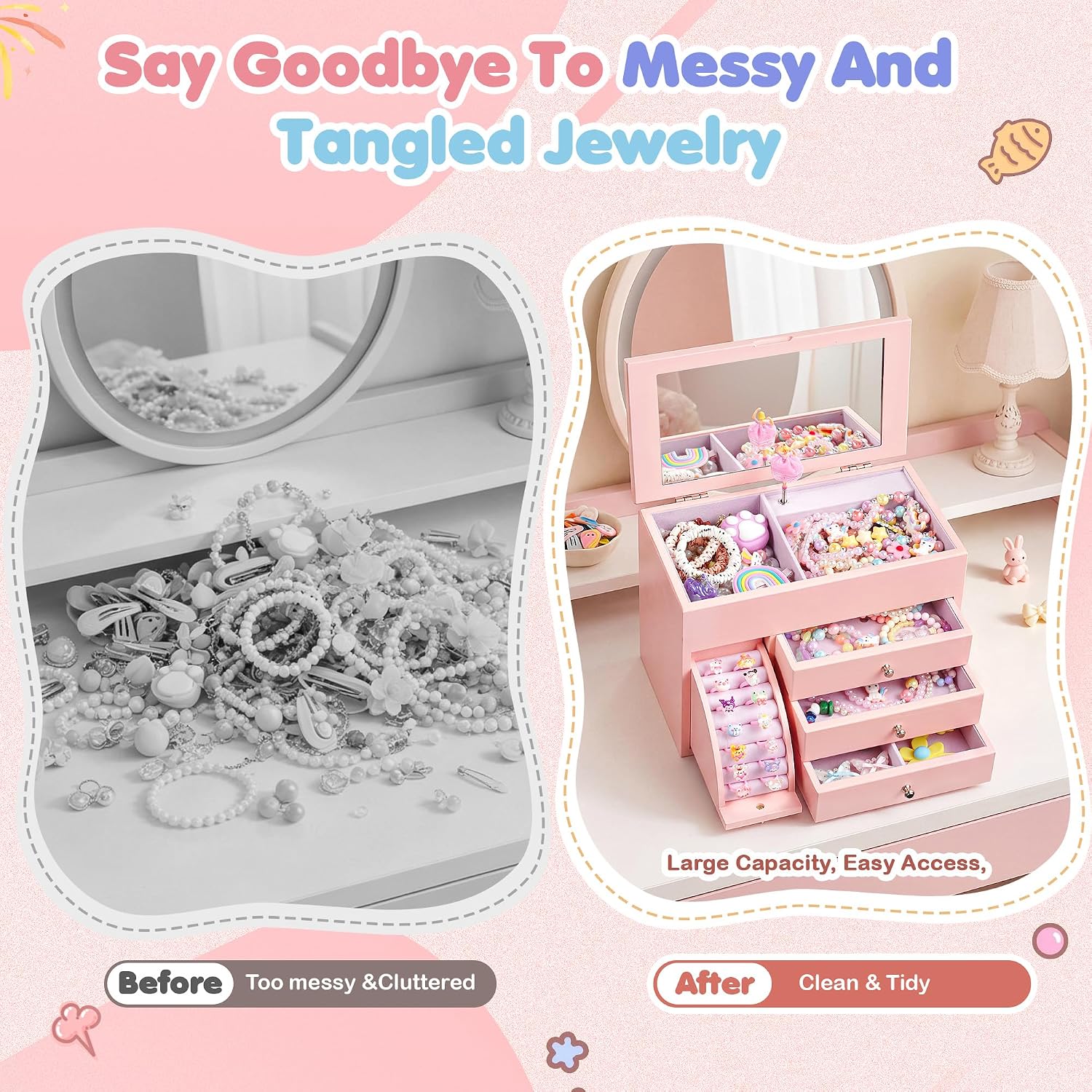 4-Layer Pink Ballerina Music Box, Solid Wood Girls Jewelry Organizer - Image 6