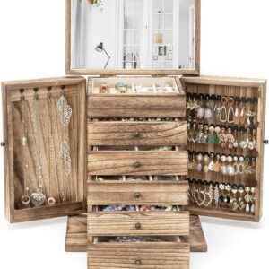 6-Tier Solid Wood Jewelry Box with Mirror & Side Doors, Large Organizer