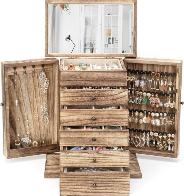 6-Tier Solid Wood Jewelry Box with Mirror & Side Doors, Large Organizer