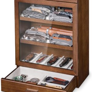 Vertical Pocket Knife Display Case for 25 with Acrylic Panel, Walnut
