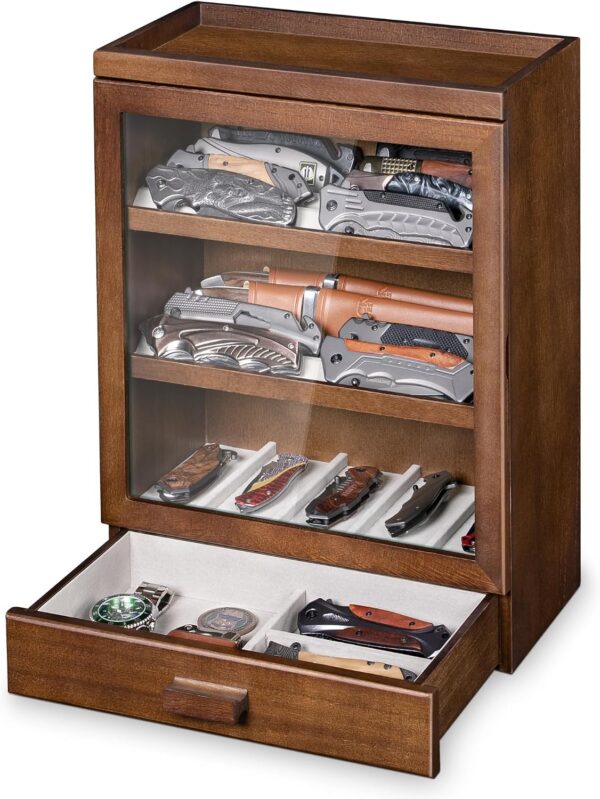 Vertical Pocket Knife Display Case for 25 with Acrylic Panel, Walnut