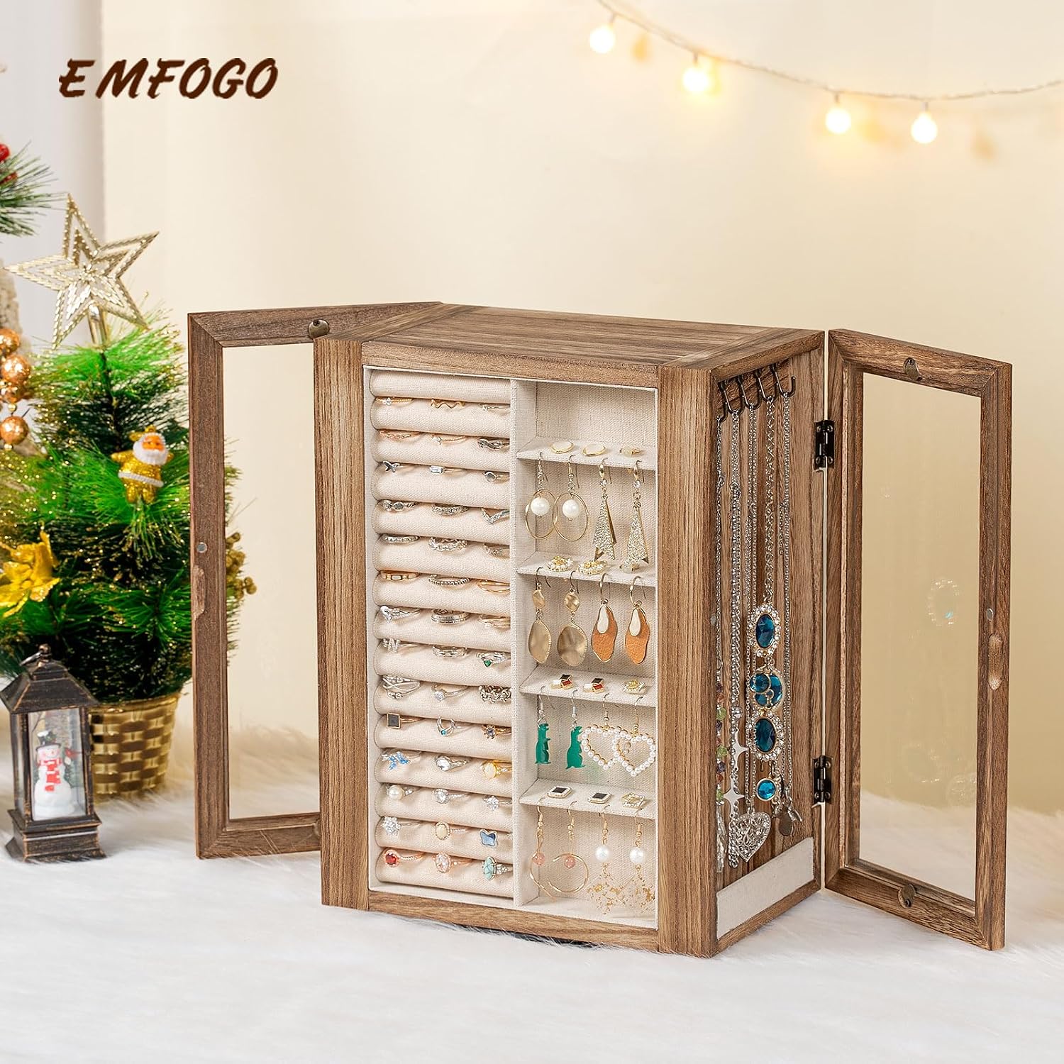 360° Rotating Wooden Jewelry Box with 5 Drawers & Glass Doors - Image 4