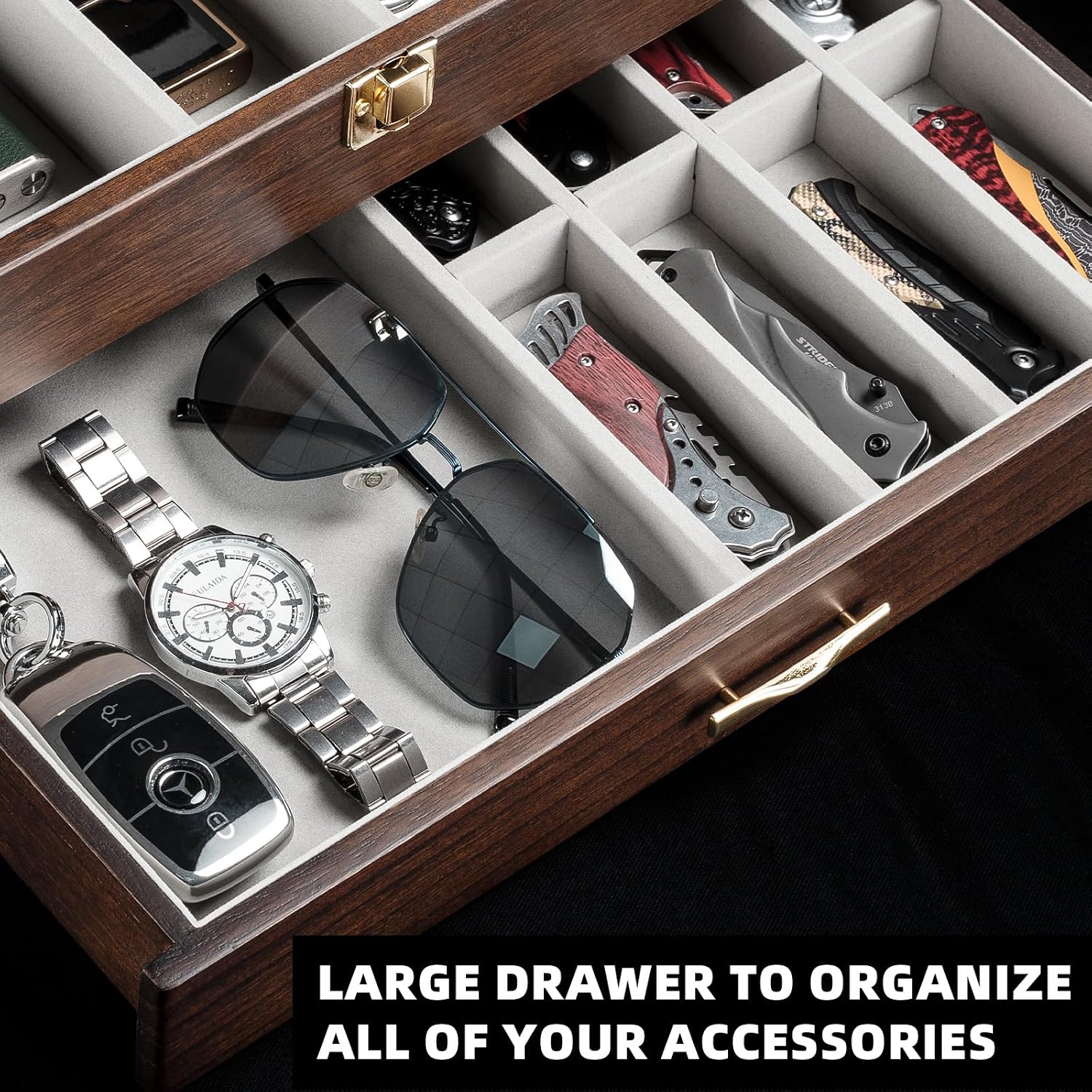 Glass-Top Pocket Knife Display Case, Wooden Collector Box for 24 Folders - Image 5