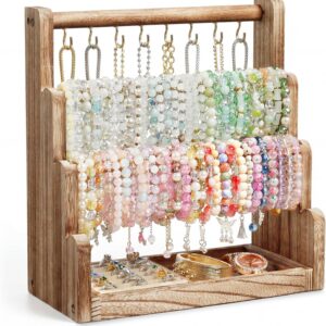 4-Tier Wood Bracelet Stand with Necklace Holder, Rustic Jewelry Tower