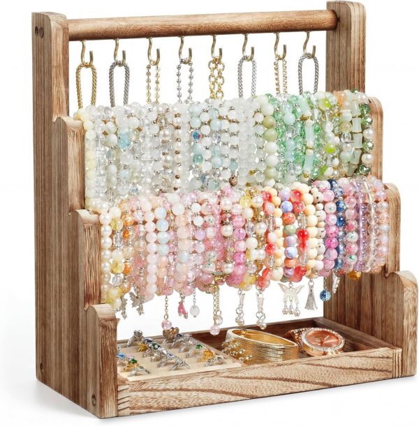 4-Tier Wood Bracelet Stand with Necklace Holder, Rustic Jewelry Tower