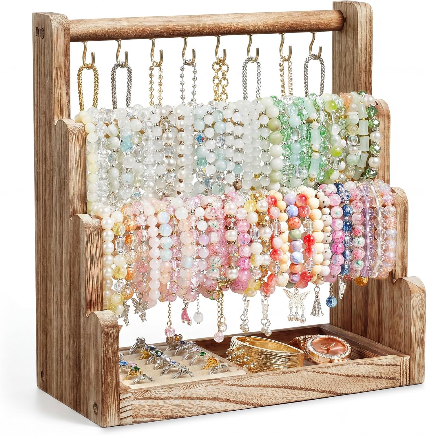 4-Tier Wood Bracelet Stand with Necklace Holder, Rustic Jewelry Tower