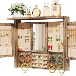 Wall Jewelry Armoire with Mirror, Rustic Hanging Organizer for Women