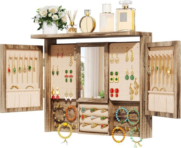 Wall Jewelry Armoire with Mirror, Rustic Hanging Organizer for Women